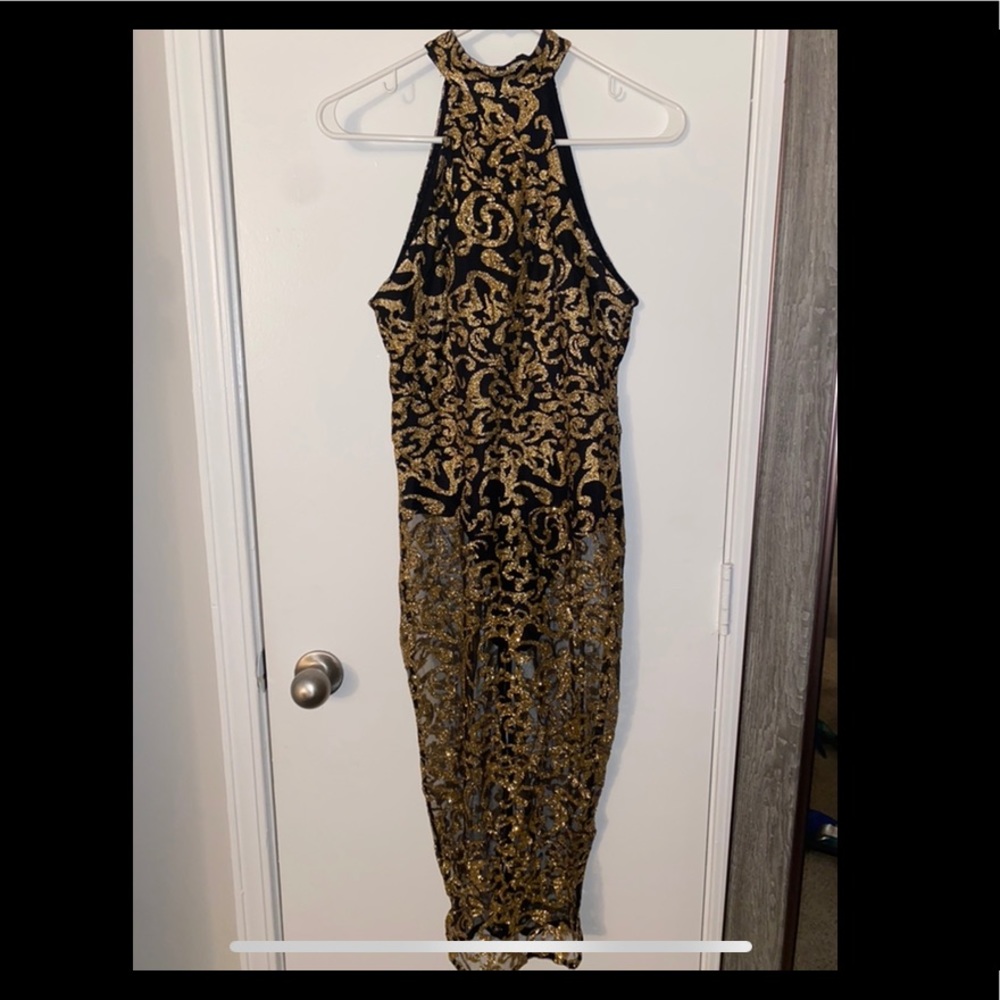 Black and Gold sequined halter dress